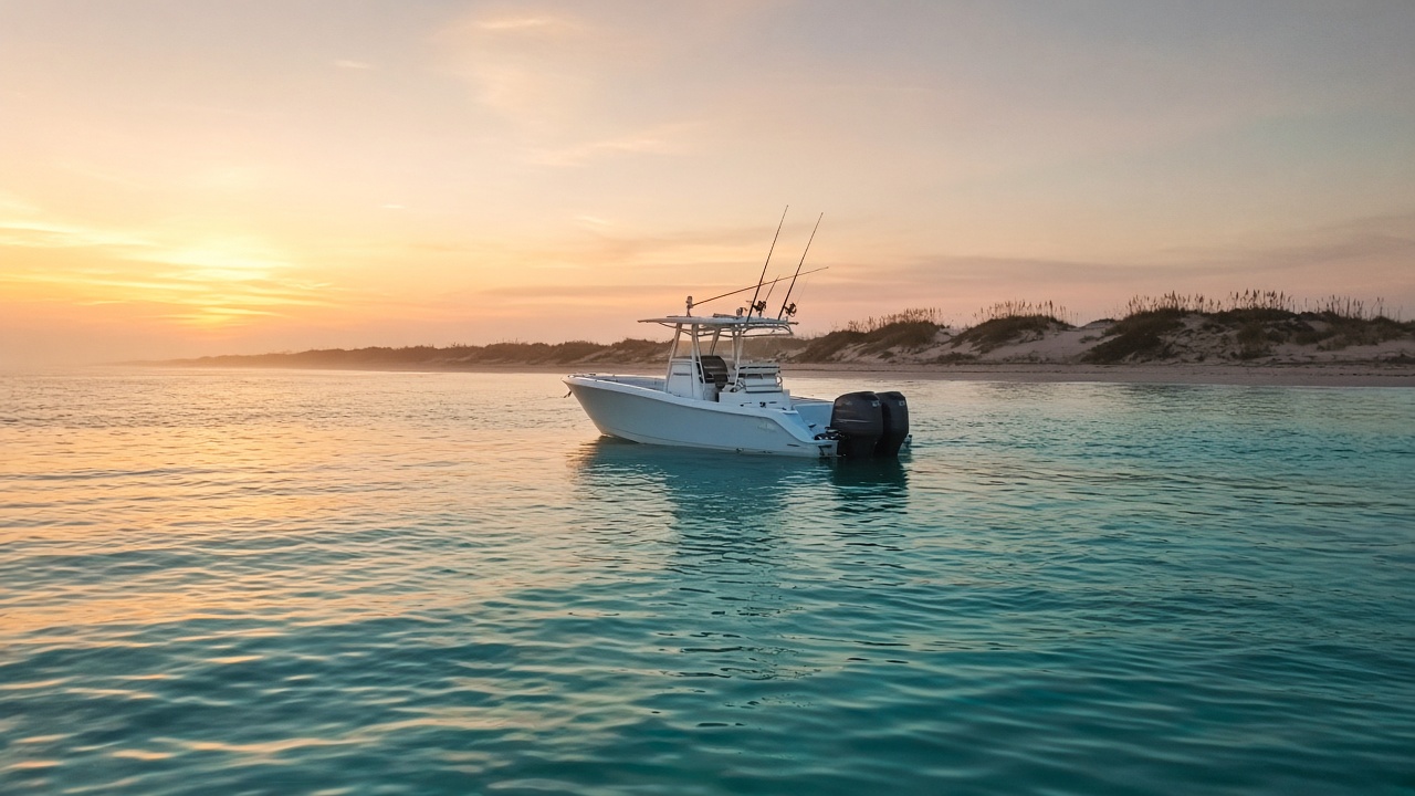 Center-console charter boat on the Gulf at sunrise